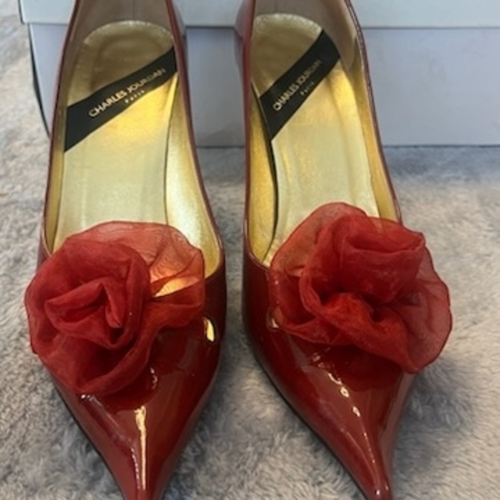 Charles Jourdan Glossy Red Heels with Floral Detail